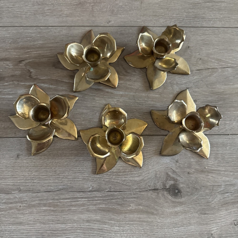 Vintage Brass Water Lily Lotus Leaves Candle Holder Set of 5 *read